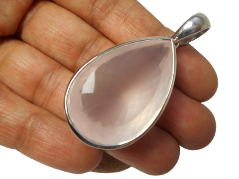 Chunky Large Pink  Rose Quartz Sterling Silver 925 Gemstone Statement Pendant