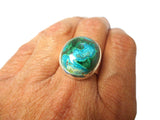 Blue Green Oval Shaped Chrysocolla Malachite Sterling Silver 925 Gemstone Ring