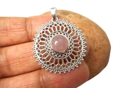 Mandala Round Pink Rose Quartz Sterling Silver 925 Gemstone Pendant