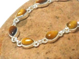 Adjustable Tigers Eye Gemstone Sterling Silver 925 Bracelet : 18 - 21 cm