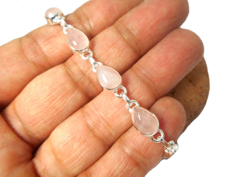 Adjustable Pink Rose Quartz Gemstone Sterling Silver 925 Bracelet : 18 - 21 cm