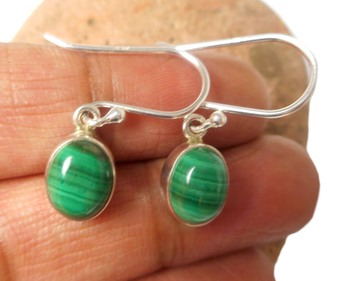 Green Oval MALACHITE Sterling Silver 925 Gemstone Drop Dangle Earrings
