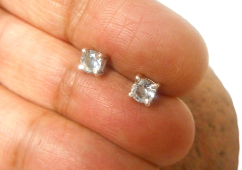 Small AQUAMARINE Sterling Silver Round Gemstone Stud Earrings 925 - 4 mm