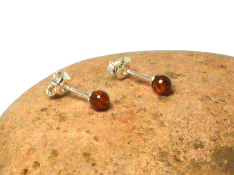 Cognac AMBER Sterling Silver Gemstone Round Stud Earrings 925 -  4 mm