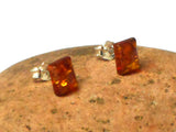 Rectangular Shaped AMBER Sterling Silver Gemstone Stud Earrings 925  - 7 x 9 mm