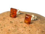 Rectangular Shaped AMBER Sterling Silver Gemstone Stud Earrings 925  - 7 x 9 mm