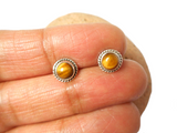 Round TIGER'S EYE Shaped Sterling Silver 925 Stud Earrings