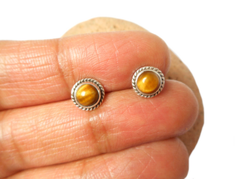 Round TIGER'S EYE Shaped Sterling Silver 925 Stud Earrings