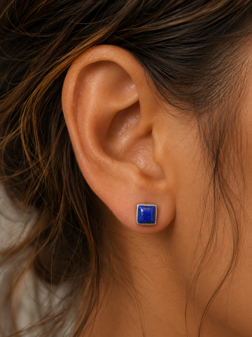 Square Blue LAPIS LAZULI Sterling Silver 925 Gemstone Square Stud Earrings - 6 mm
