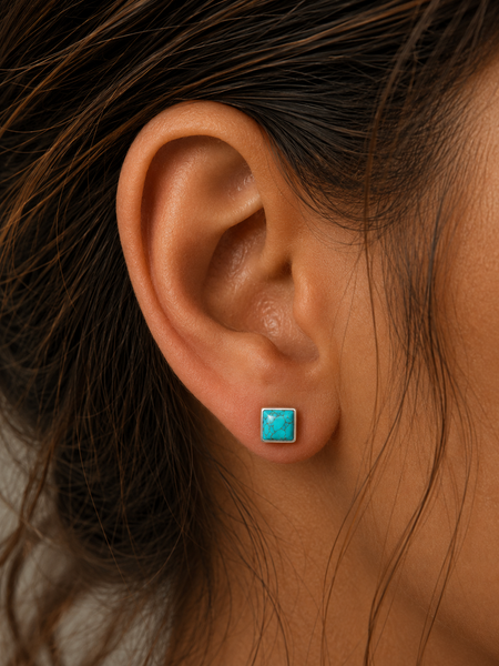 Blue Square TURQUOISE Sterling Silver 925 Gemstone Stud Earrings -  6mm