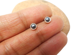 Small Round Hematite Sterling Silver Gemstone Stud Earrings 925 - 3 mm