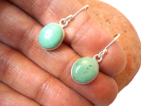 Green Tibetan TURQUOISE Oval Sterling Silver Gemstone Drop Earrings 925