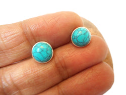 Round TURQUOISE Gemstone Stud Earrings: Bohemian Sterling Silver Jewellery